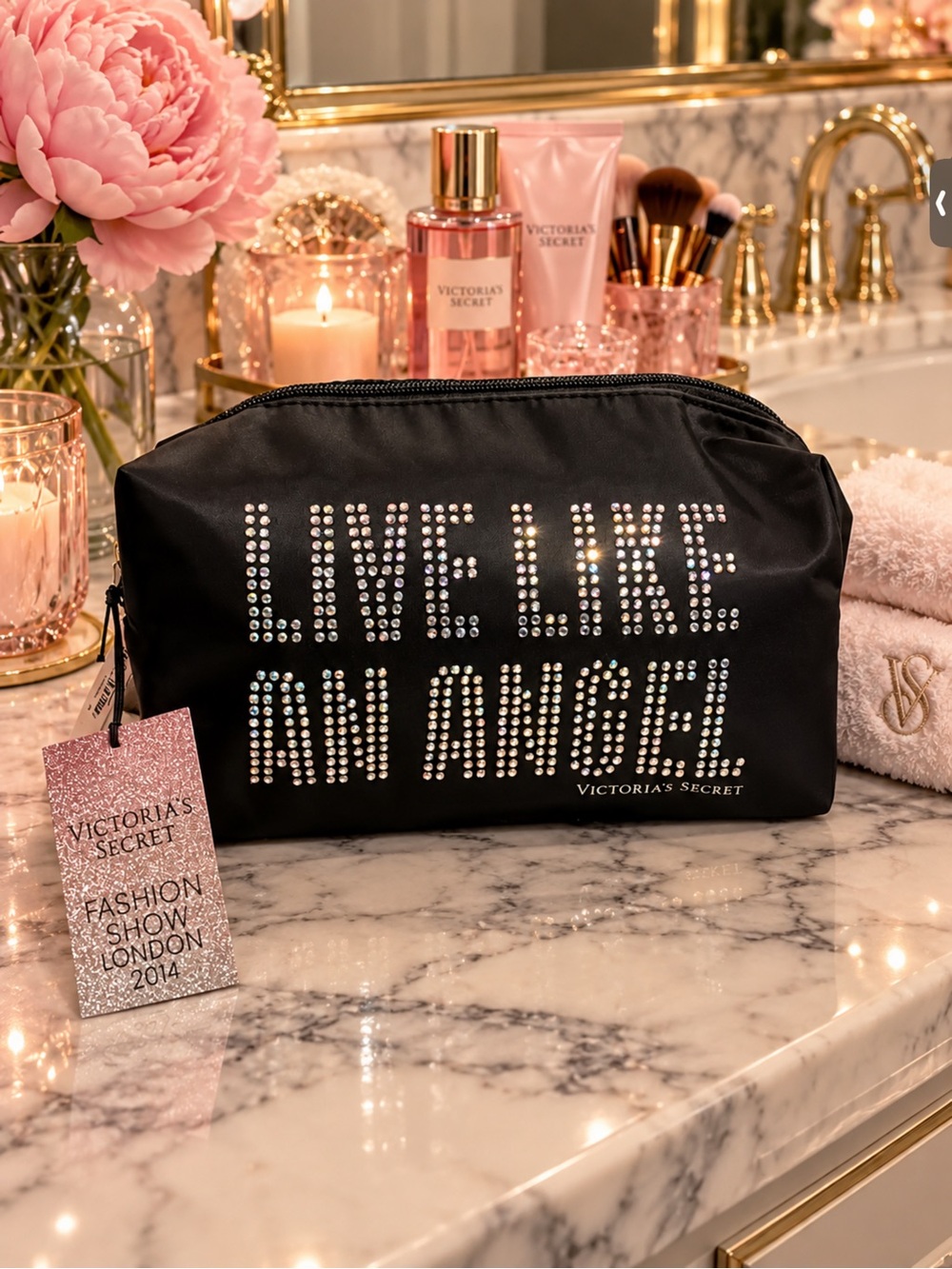 Victoria's Secret Black Rhinestone 'Live Like An Angel' Cosmetic Pouch